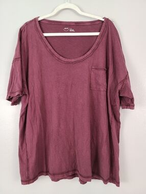 Aerie Oversized Scoop-neck Front-pocket Burgandy Cotton Short-sleeve T-shirt XL